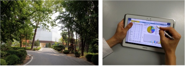 대화제약 횡성공장 전경(왼쪽)과 태블릿 PC 기반의 SFA 고도화 작업인 DH_ESI 프로젝트(오른쪽)